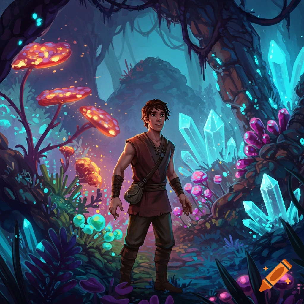 A young man stands in a magical forest filled with glowing crystals and mushrooms.