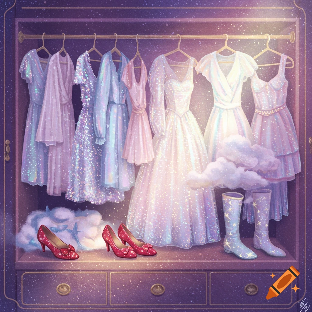 A glittering closet is filled with sparkling dresses, red heels, boots with stars, and clouds in a dreamy, ethereal style.