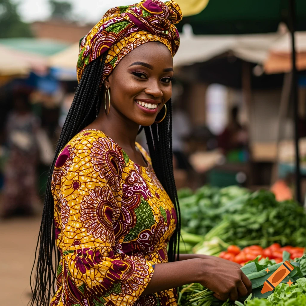 Woman in a colorful headwrap and dress smiling at a market stall with vegetables