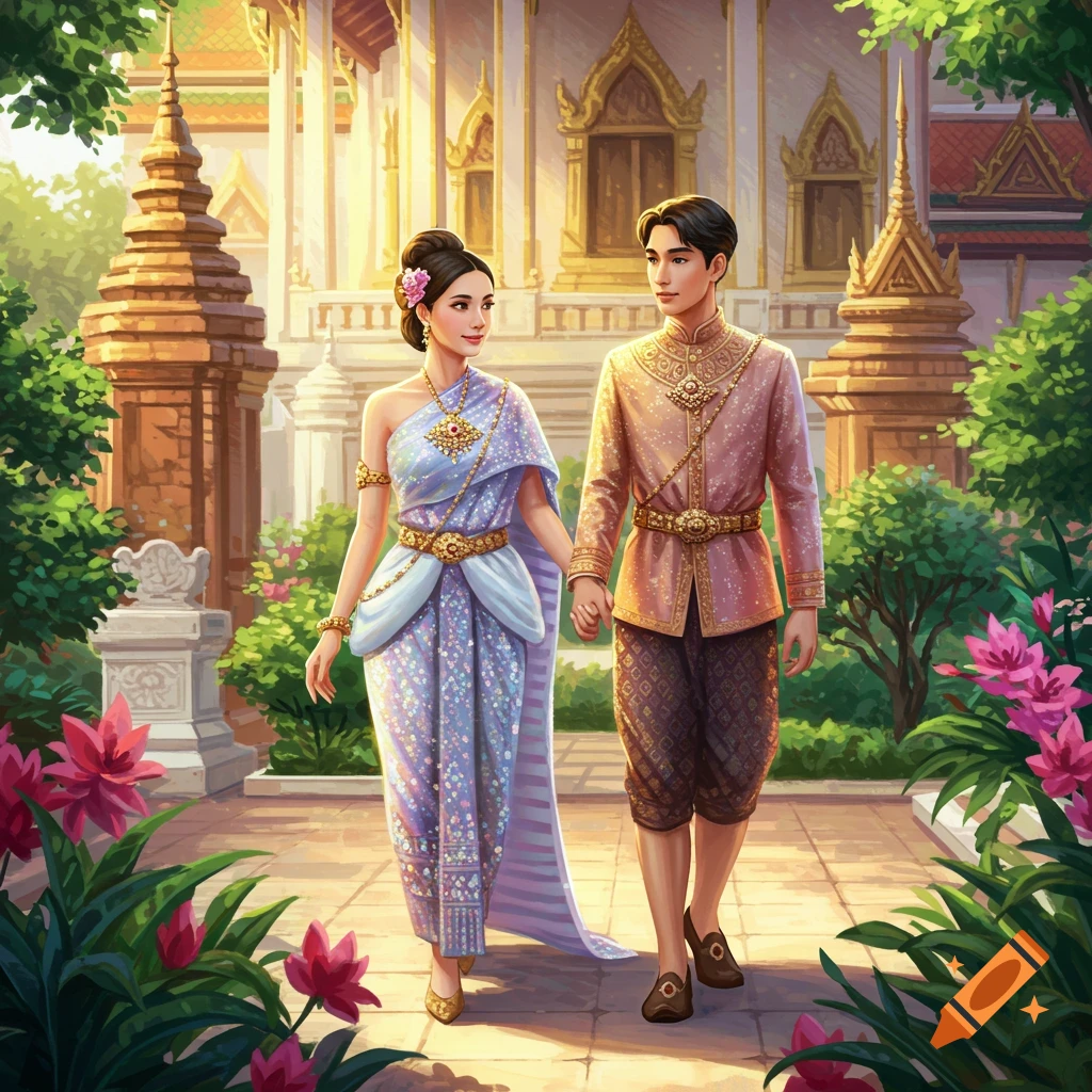 A couple in traditional Thai clothing walks hand-in-hand through a garden past ornate Thai architecture.