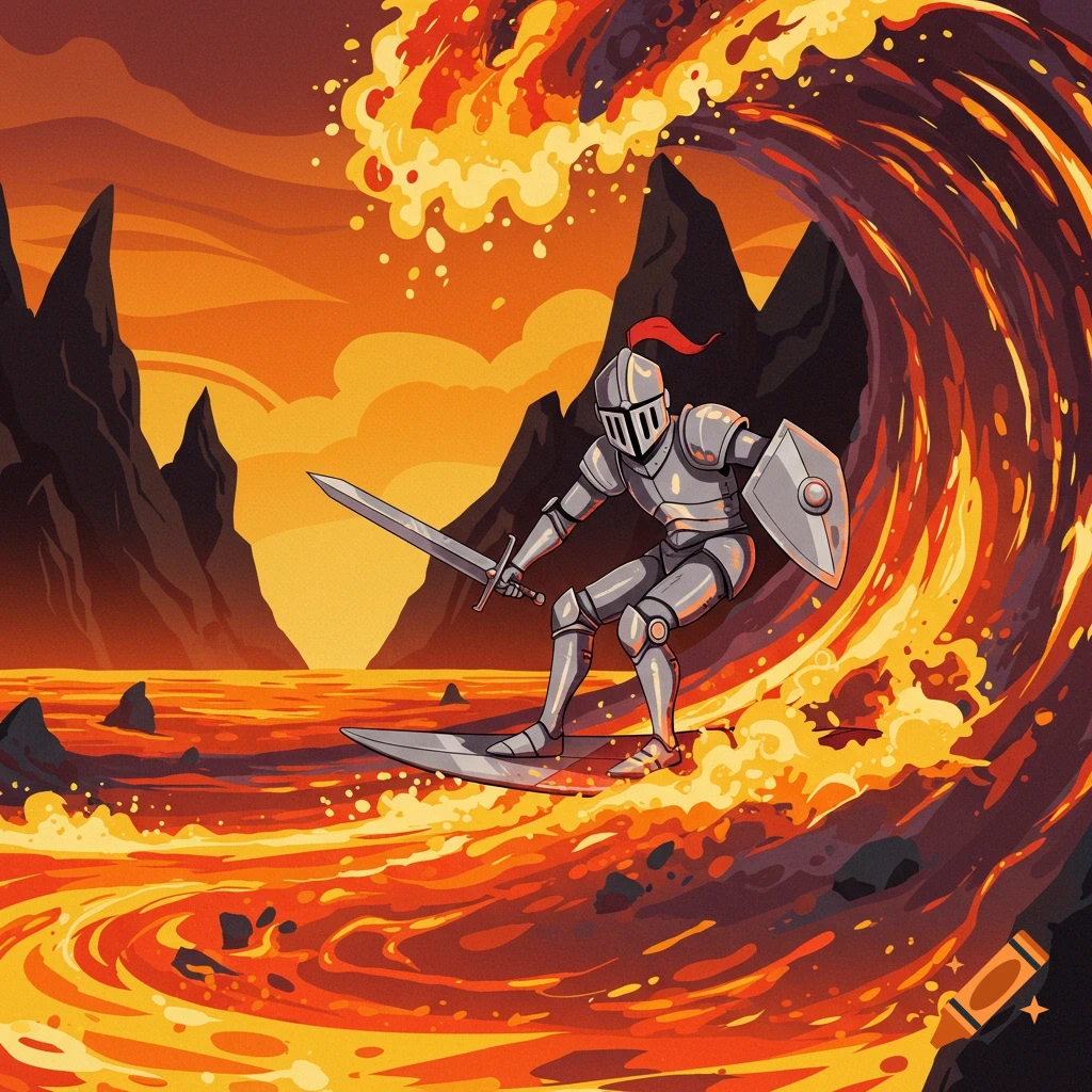 A knight in armor surfs a large wave of molten lava in a fantasy landscape.