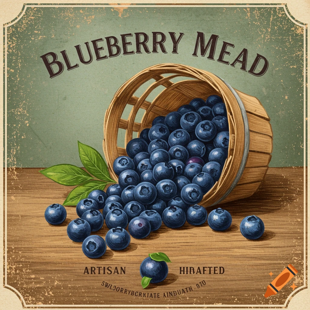 Vintage label for blueberry mead with a basket of blueberries spilled on a wooden table.