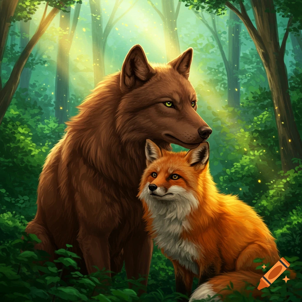 Digital illustration of a brown wolf and an orange fox sitting together in a sunlit green forest.