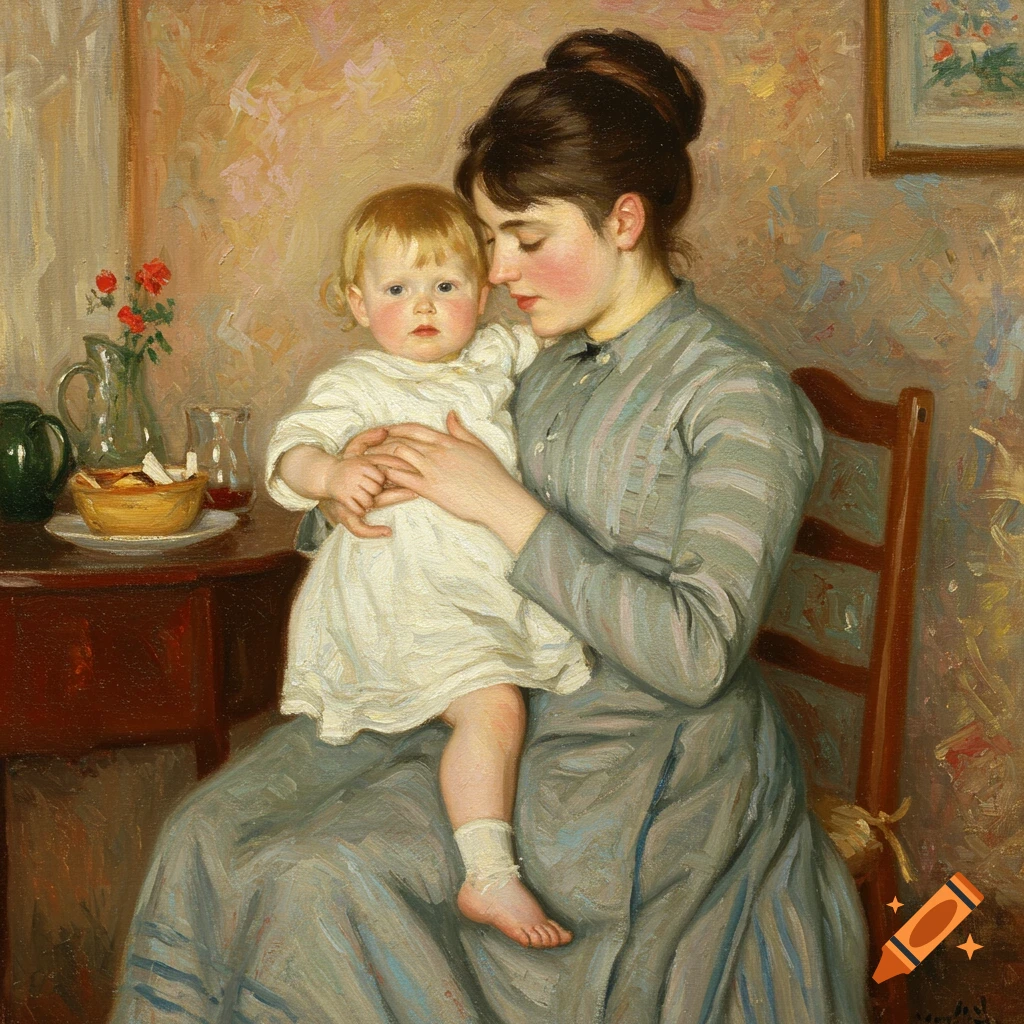 A mother in a striped dress holds her child, in the style of a painting.