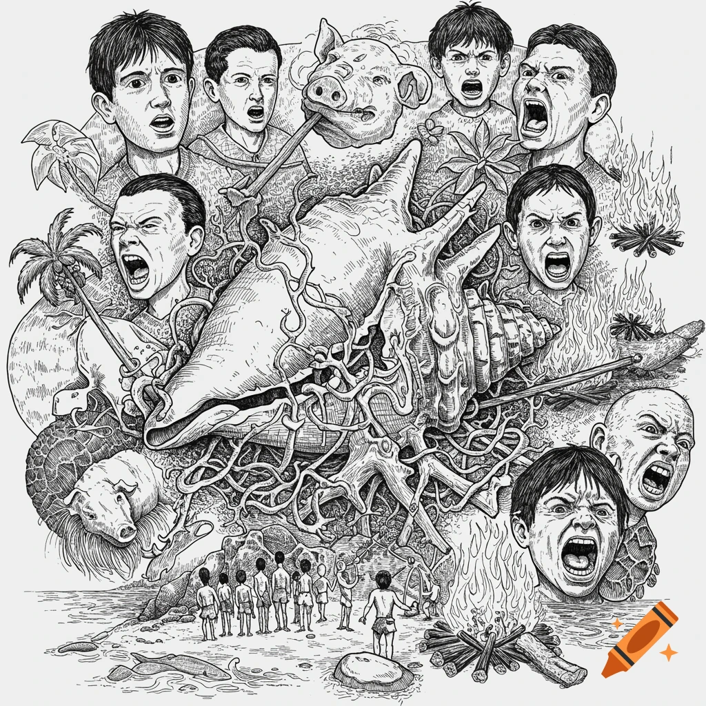Black and white line drawing illustrating Lord of the Flies with screaming boys, pig head, conch, and fire.
