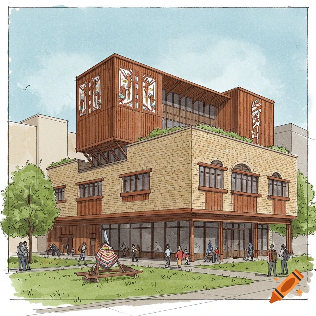 Watercolor sketch of a brick and wood building with decorative panels, set in a park with people.