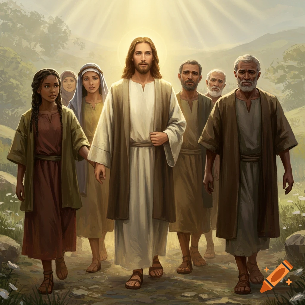 Illustration of Jesus leading a diverse group of followers down a path.