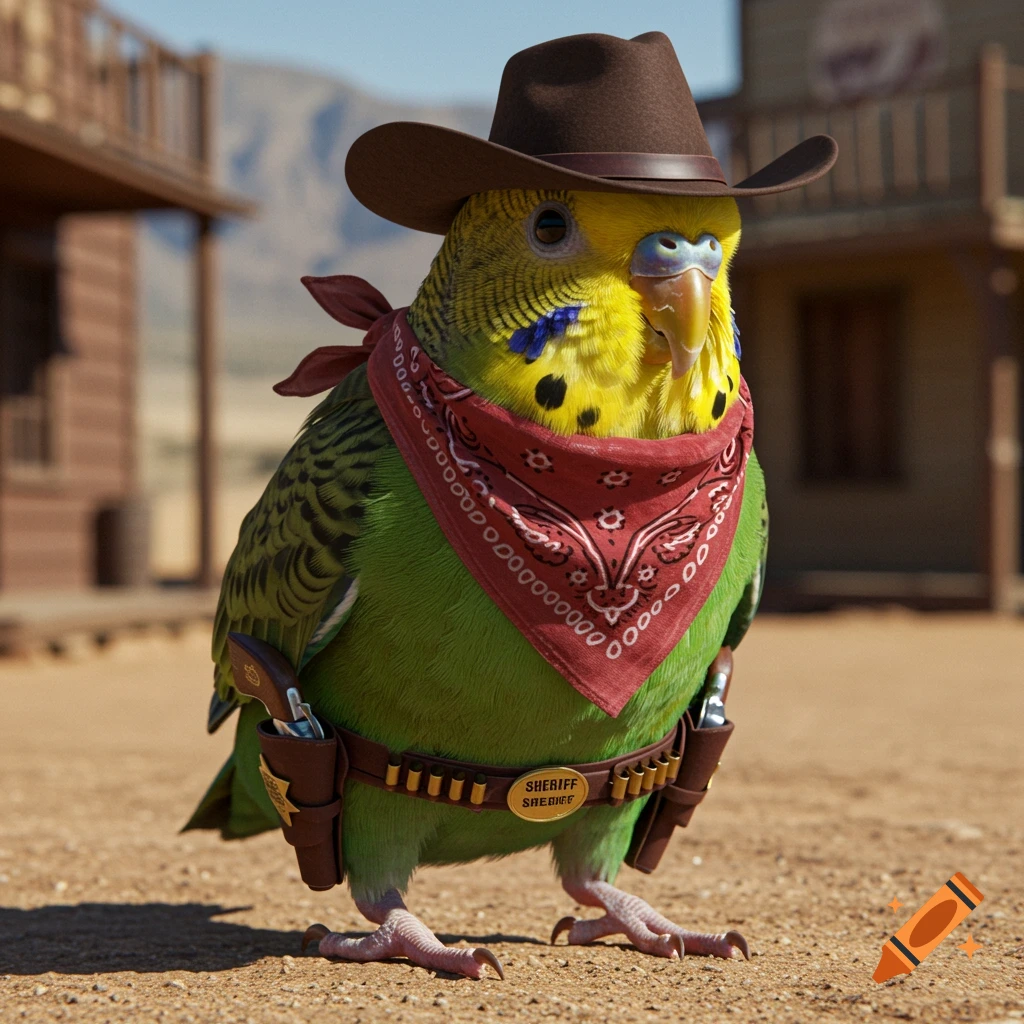 A parakeet wearing a cowboy hat, bandana, and holsters stands in a Wild West town.
