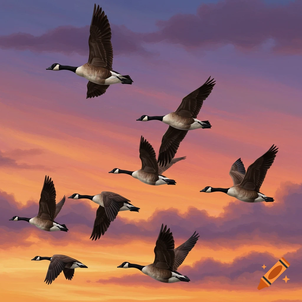A flock of Canada geese fly in a V formation across a vibrant sunset sky.