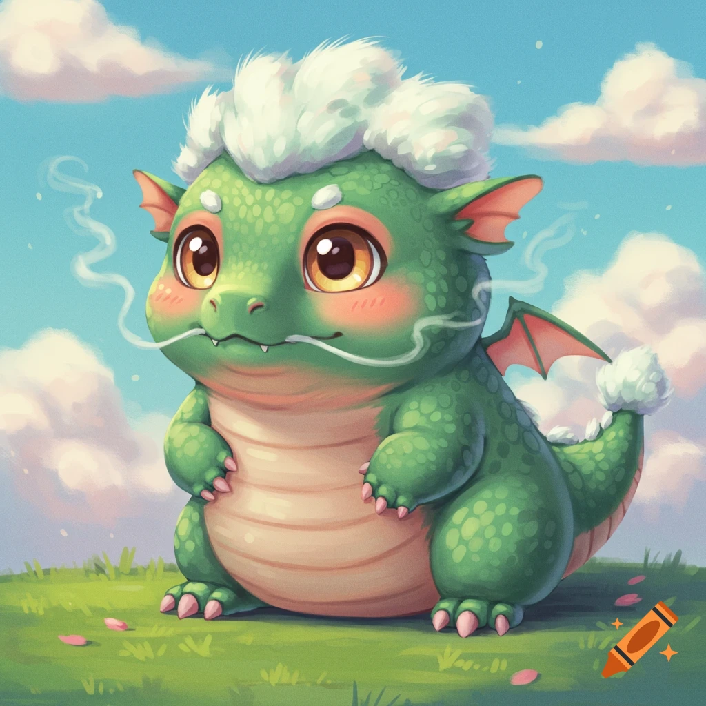 Chubby baby cartoon dragon sitting on grass under a blue sky.