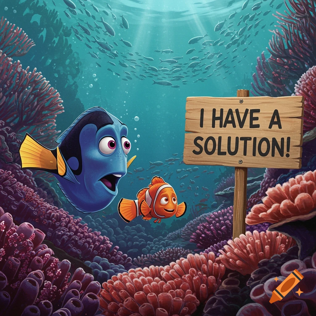 Dory and Nemo underwater next to a sign that reads 'I HAVE A SOLUTION!'