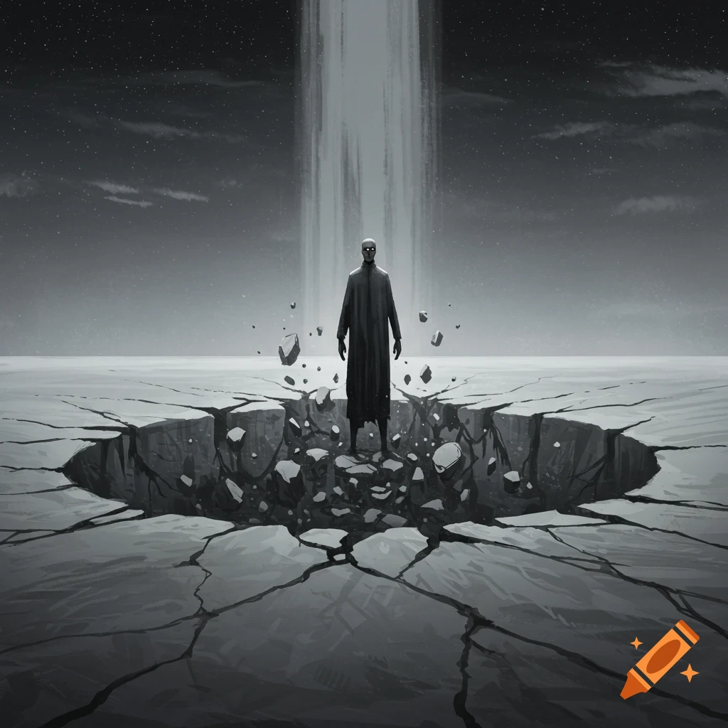 Mysterious figure stands in a cracked wasteland under a light beam.