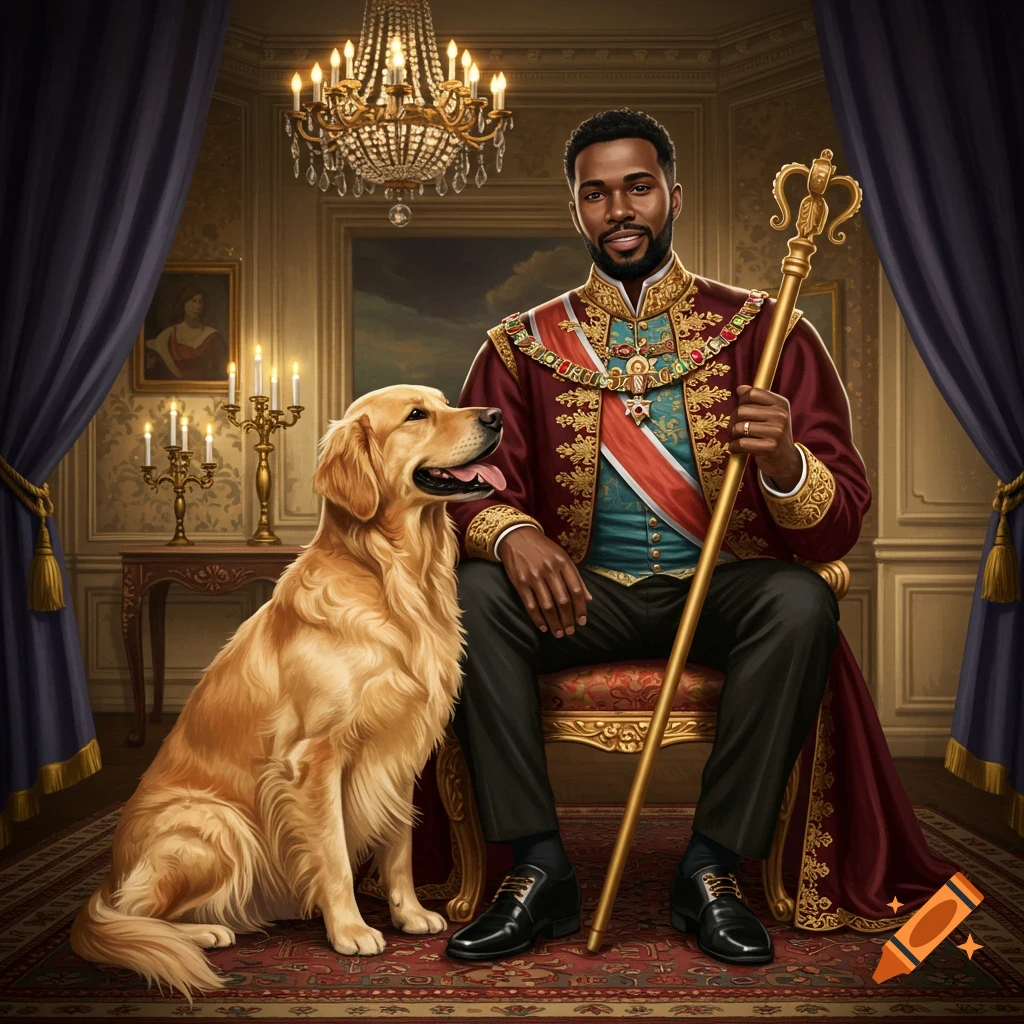 Royal portrait painting of a man in regal attire sitting with a golden retriever.