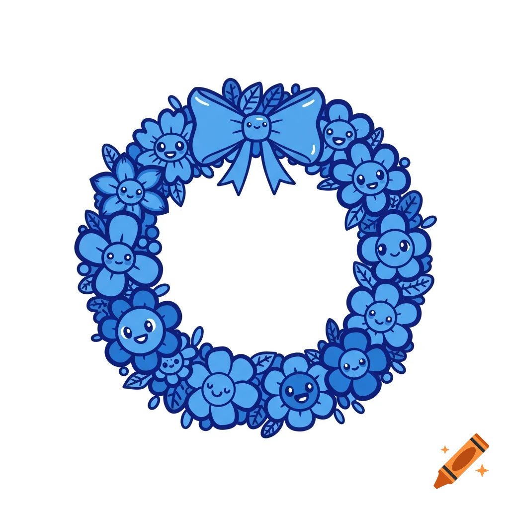 A blue cartoon wreath made of smiling flowers and leaves with a bow.