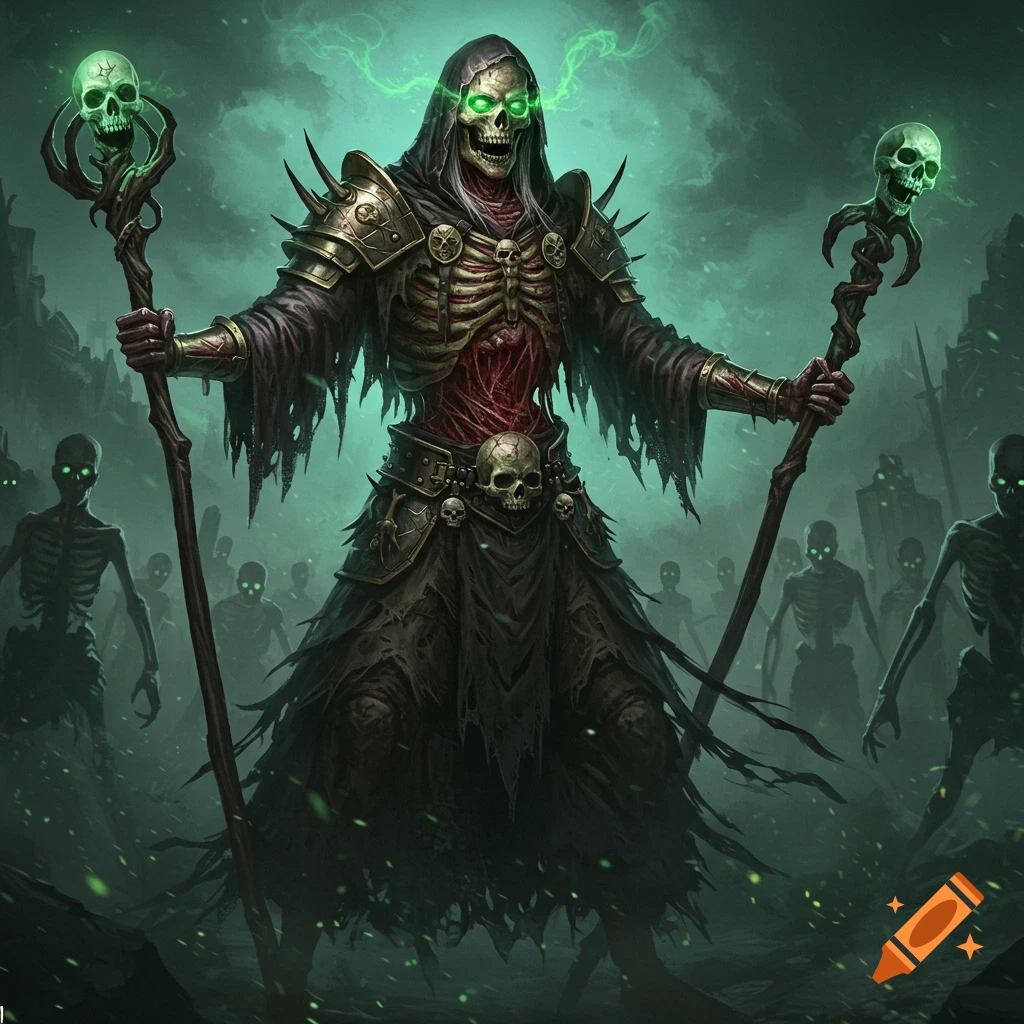 Dark fantasy art of a skeletal lich with glowing green eyes and staffs, standing before an army of skeletons.