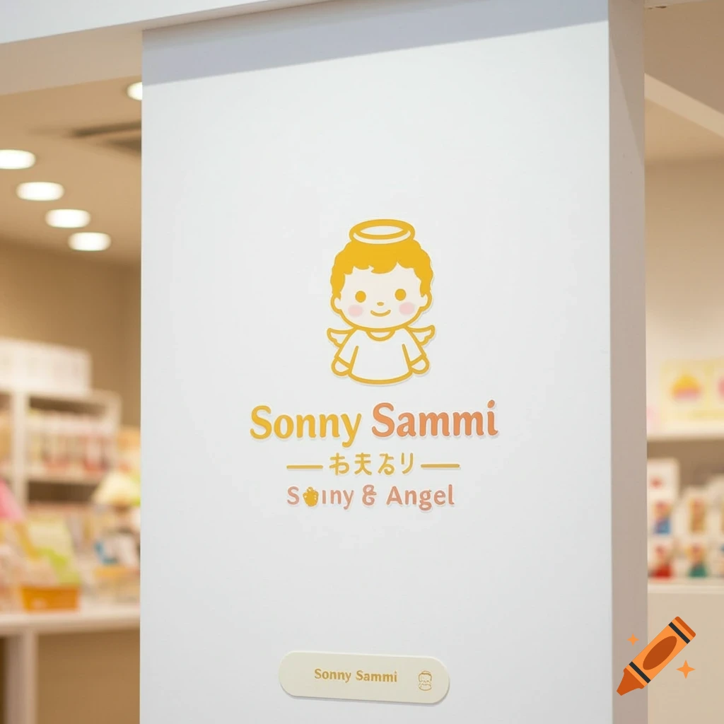A cute cartoon angel character is the logo for Sonny Sammi on a white wall.