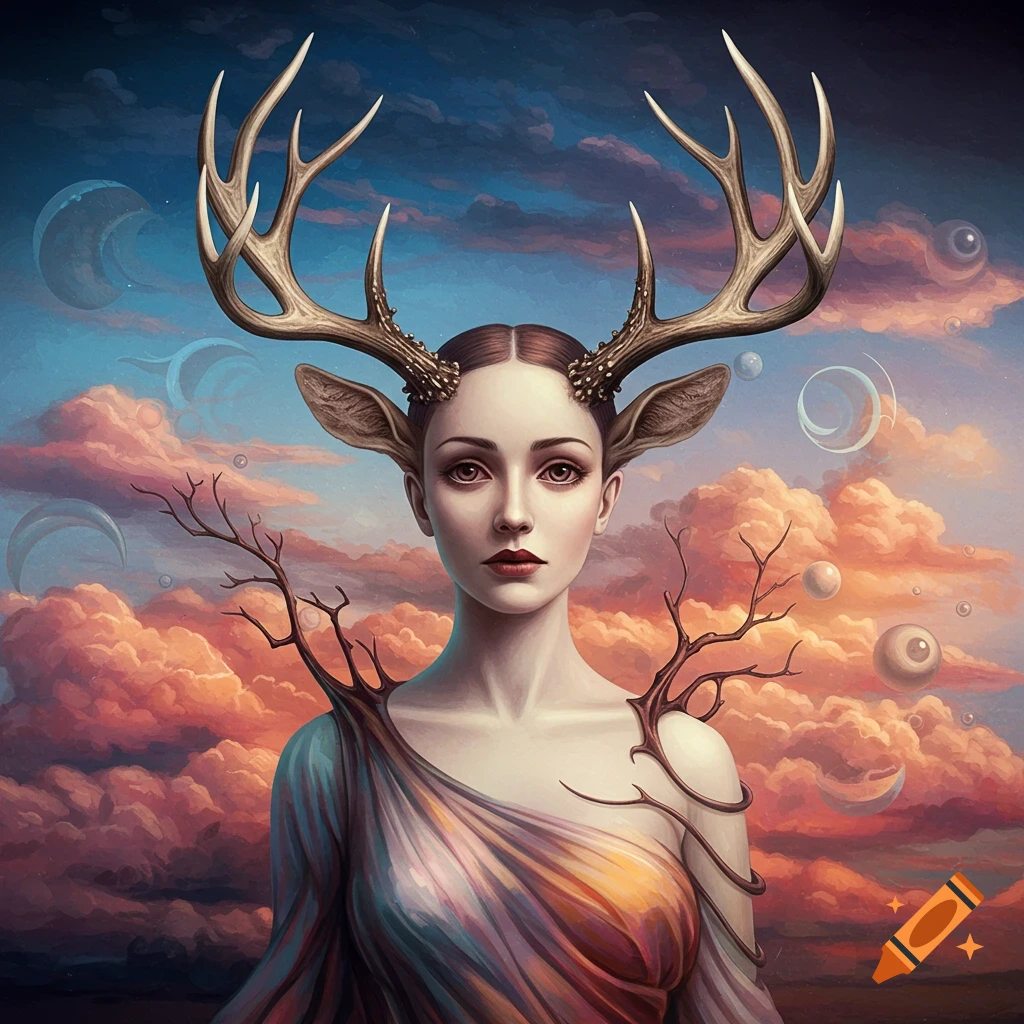 Surreal portrait of a woman with large antlers and branches on her shoulders against a dramatic, cloudy sky