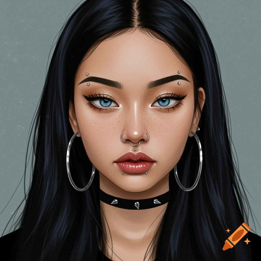 Stylized portrait illustration of a young woman with blue eyes, dark hair, facial piercings, large hoop earrings, and a spiked choker.