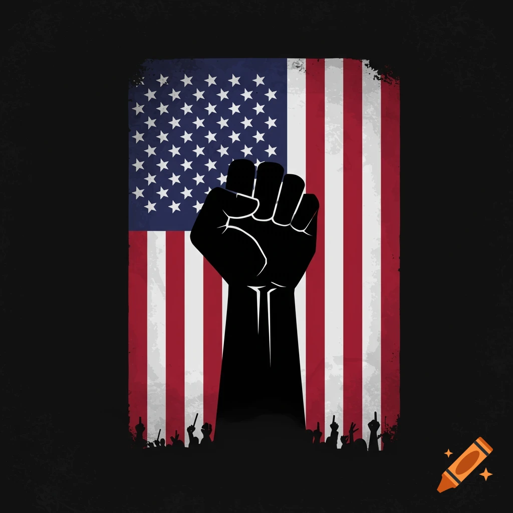 A black silhouette of a raised fist in front of a stylized American flag.