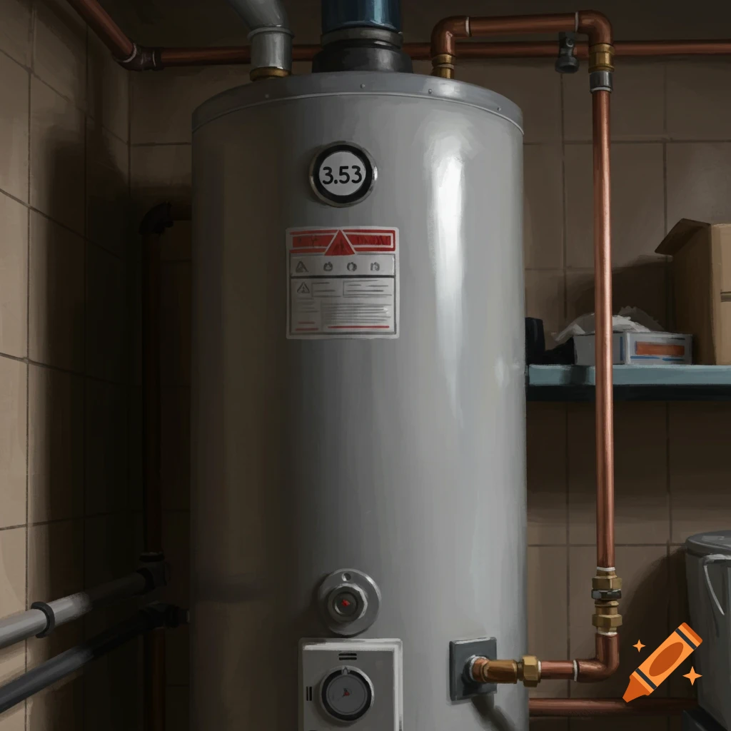 Illustration of a water heater tank in a utility room with copper pipes and a label showing 3.53