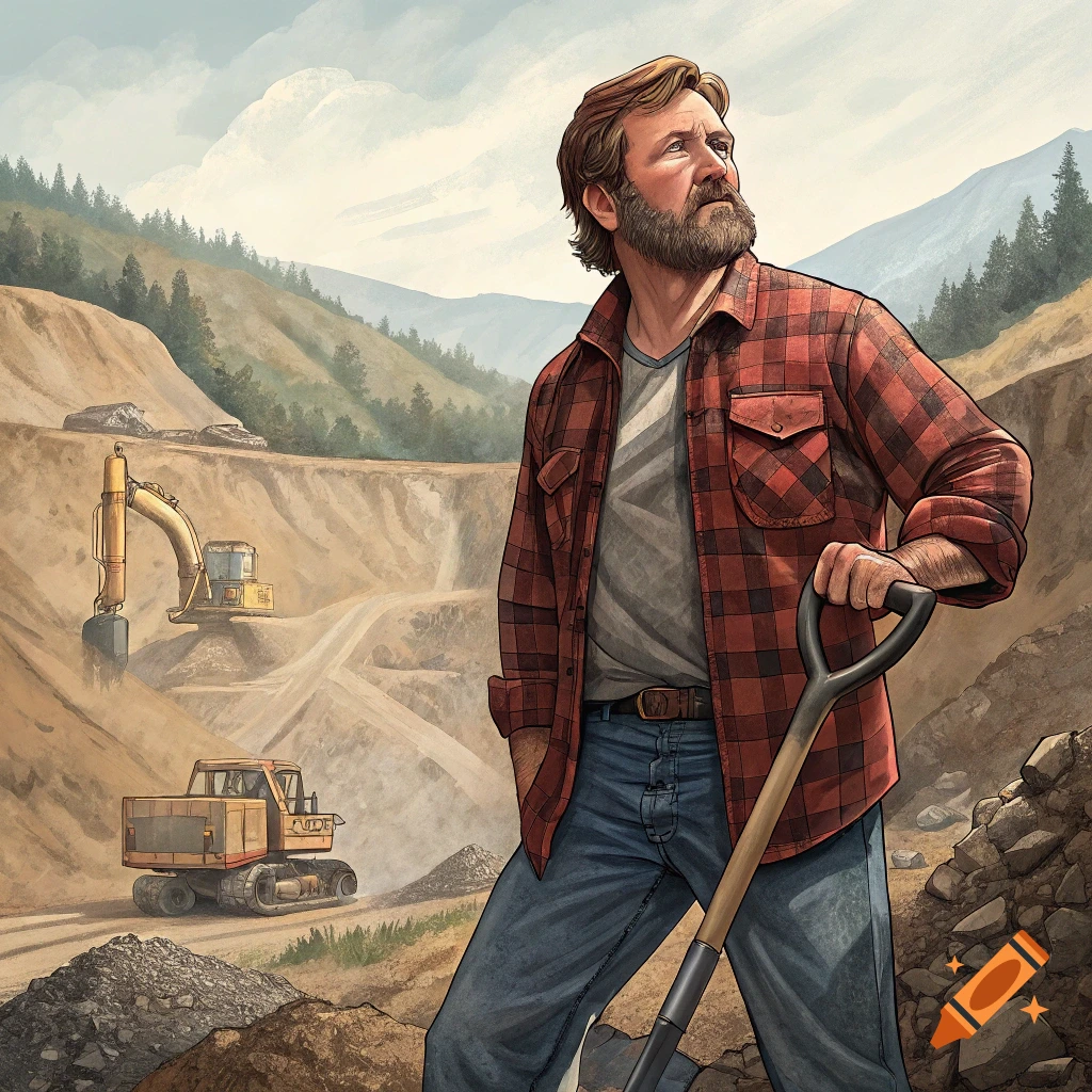 Illustration of a man with a beard and flannel shirt holding a shovel in a mining site with excavators.