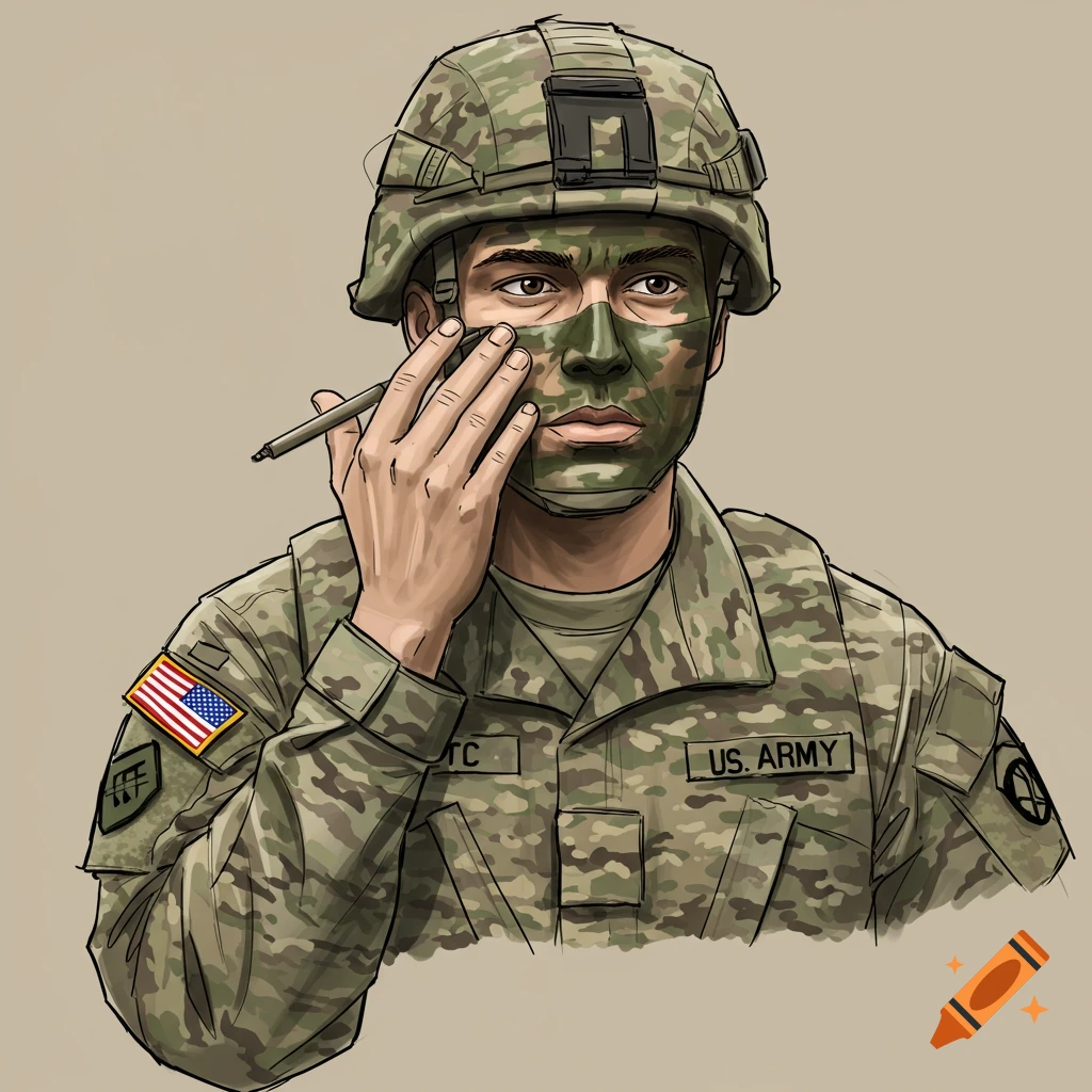 Illustration of a US Army soldier applying camouflage face paint.