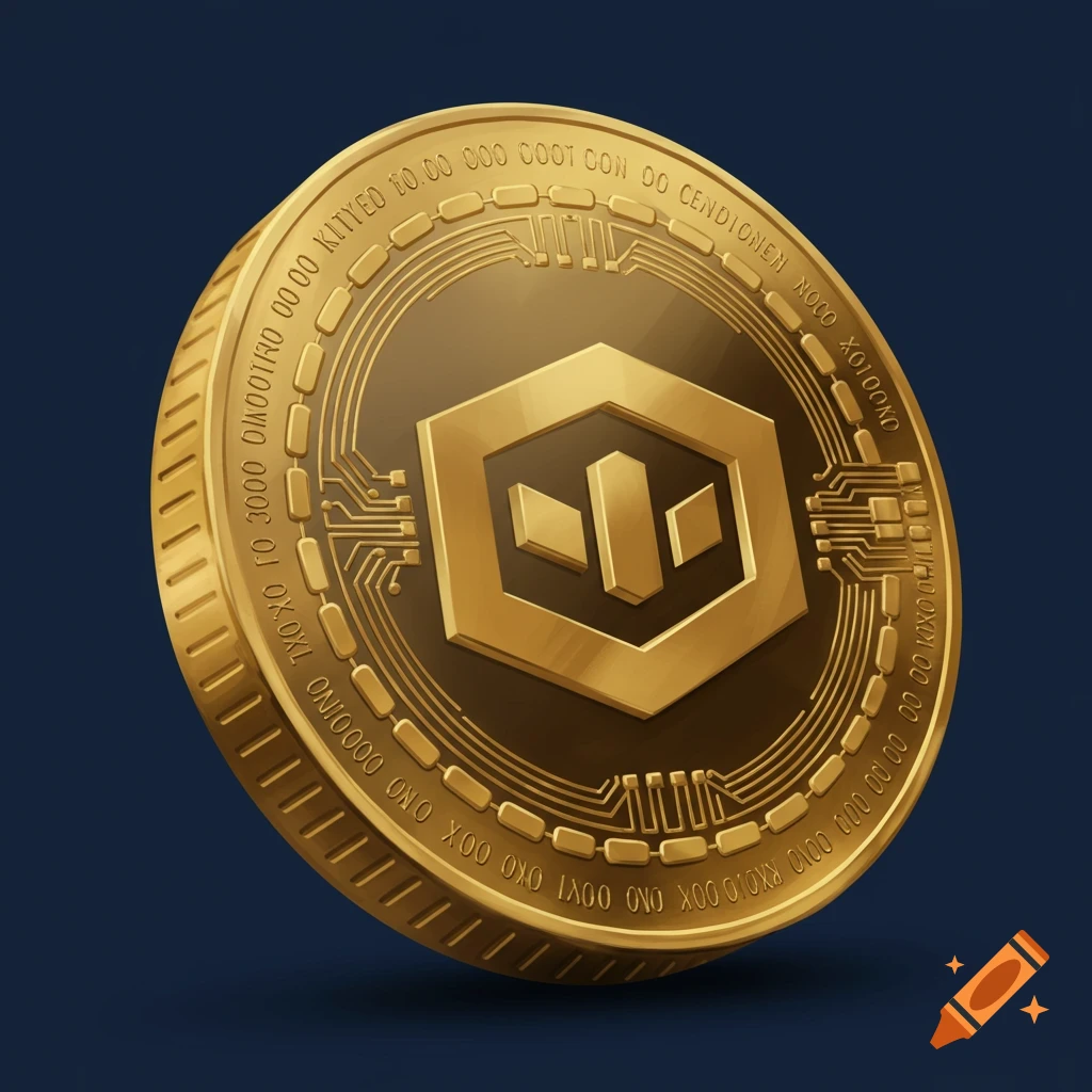 A 3D rendered golden coin with a symbol and circuit patterns on a dark blue background.