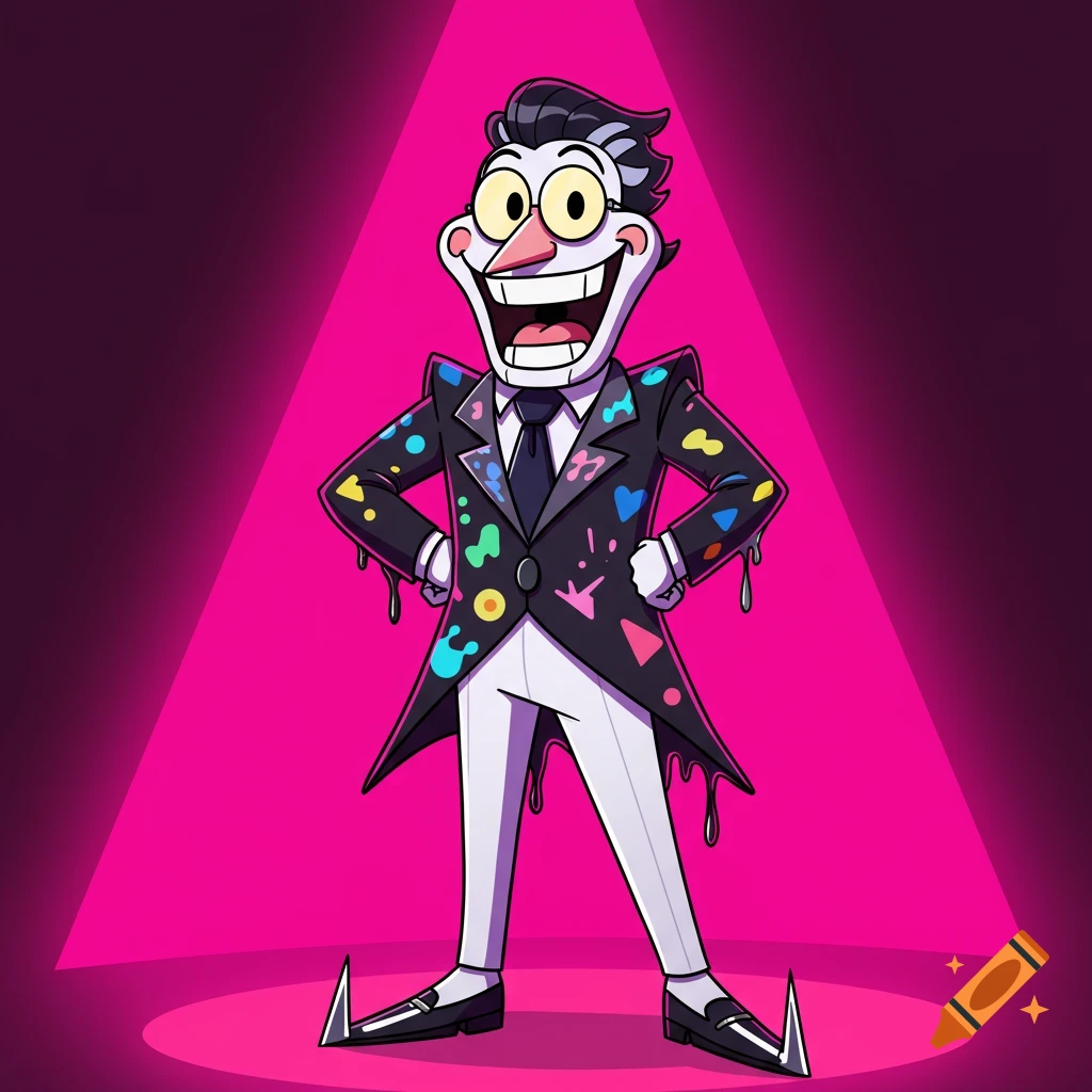 Cartoon character in a suit standing in a spotlight