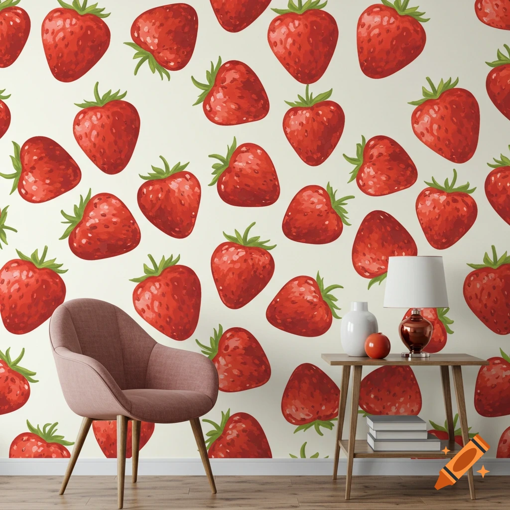 An interior view of a room with a light pink chair and a small wooden table against a wall covered in strawberry pattern wallpaper.