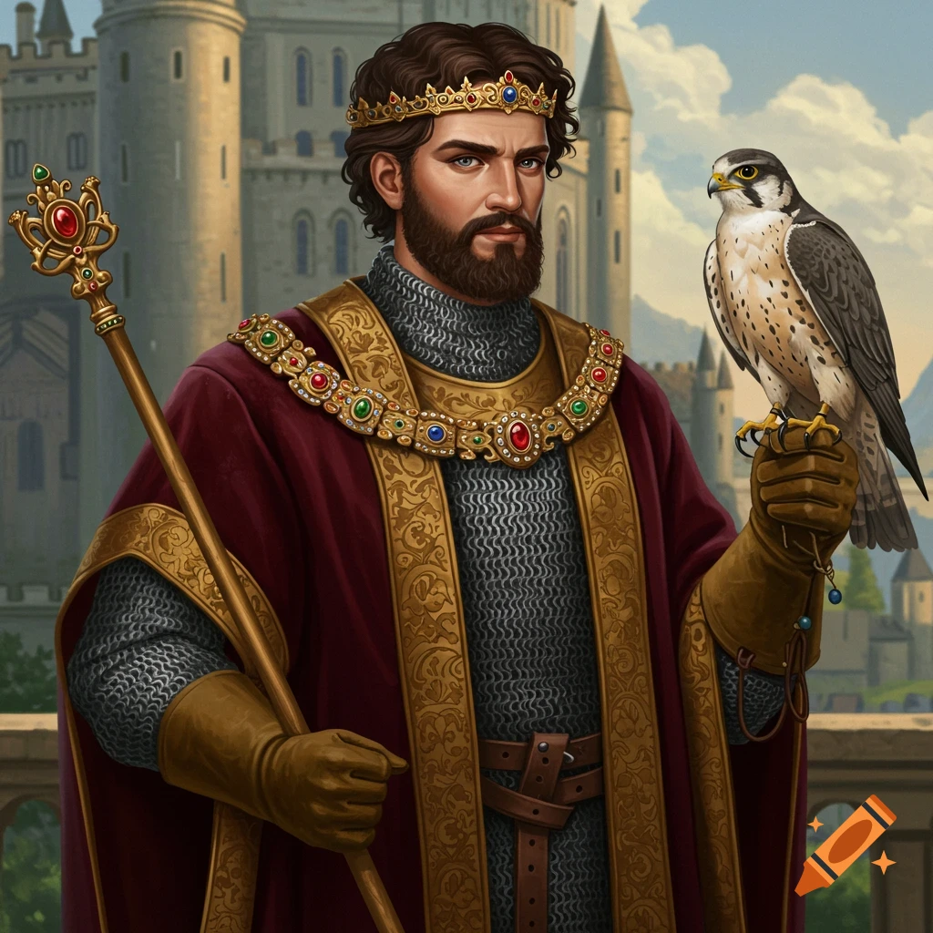 Medieval lord with a beard and crown, holding a falcon, standing before a castle.