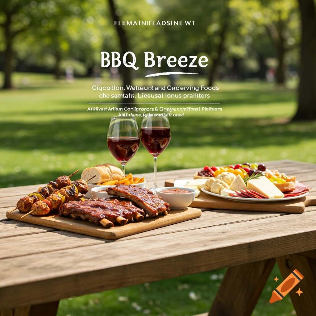 BBQ ribs, chicken skewers, and charcuterie platter with wine glasses on a picnic table in a park.