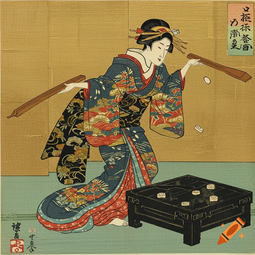 Woman in traditional Japanese clothing playing tosenkyo in ukiyo-e woodblock print style.