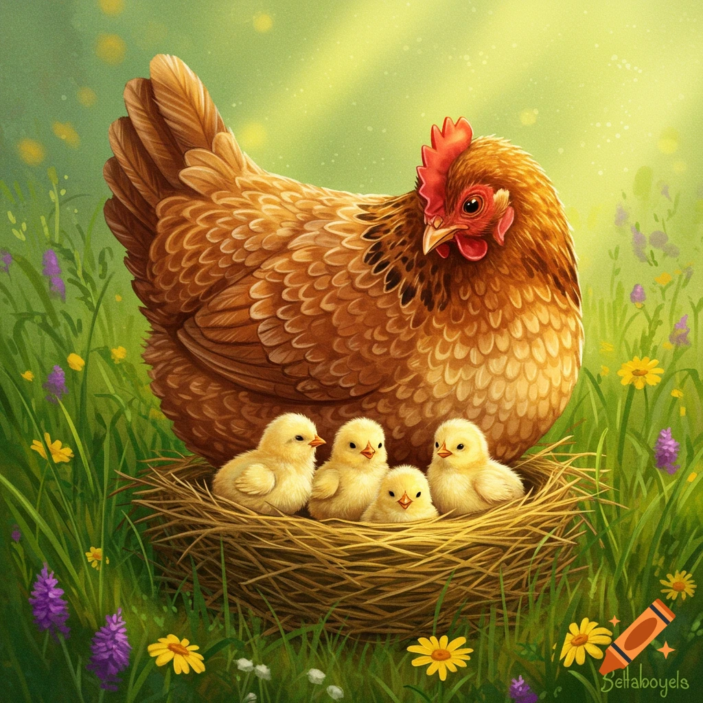 A mother hen sits protectively over four chicks in a nest in a field of green grass and colorful wildflowers. Illustration style.