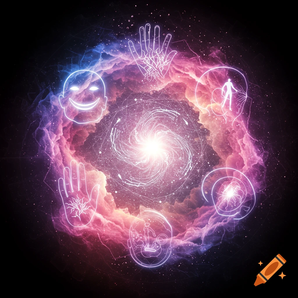 Stylized outlines of heads, hands, and figures orbit a central swirling light vortex in a cosmic cloud nebula.