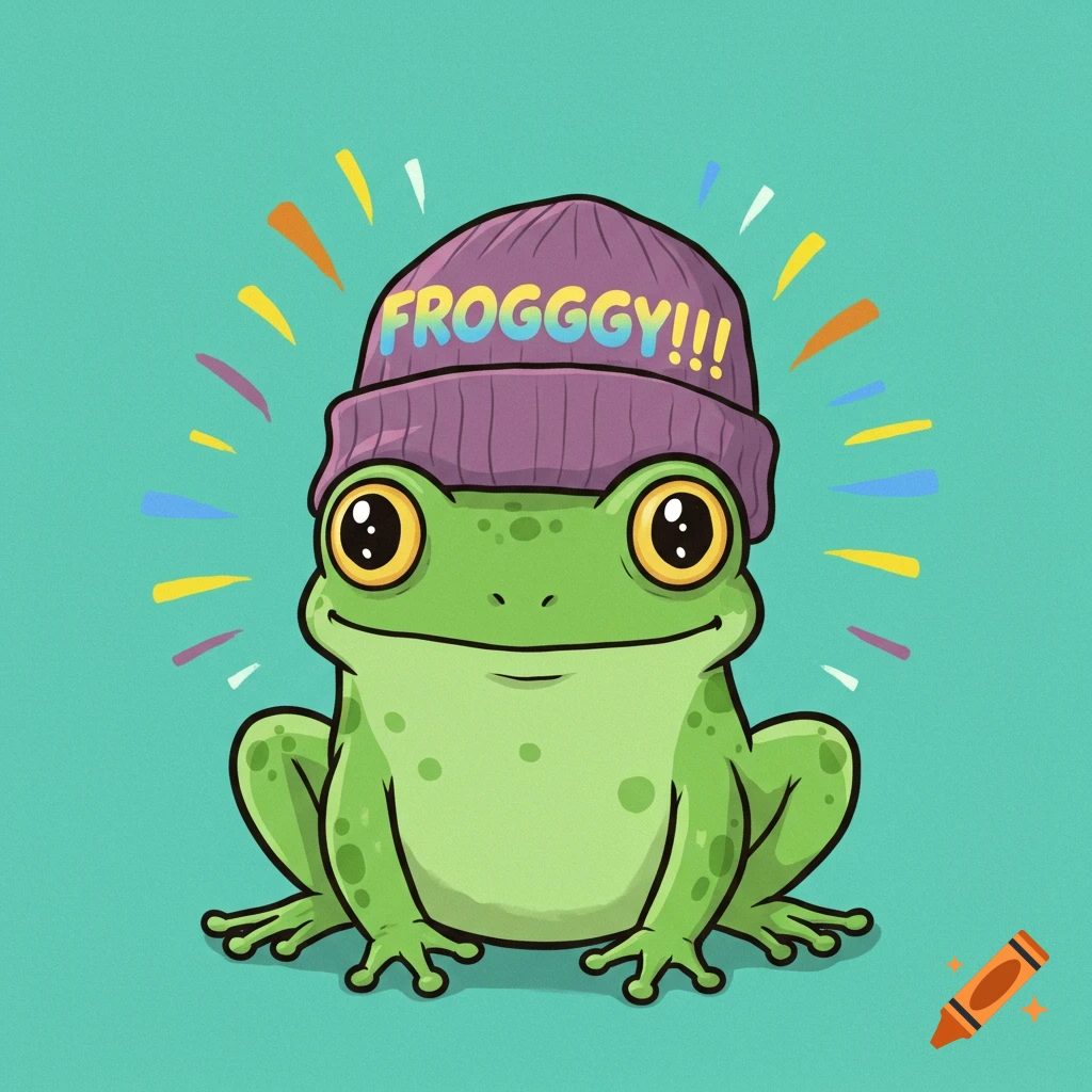 Cartoon frog wearing a purple beanie with 'FROGGGY!!!' text, surrounded by colorful streaks.