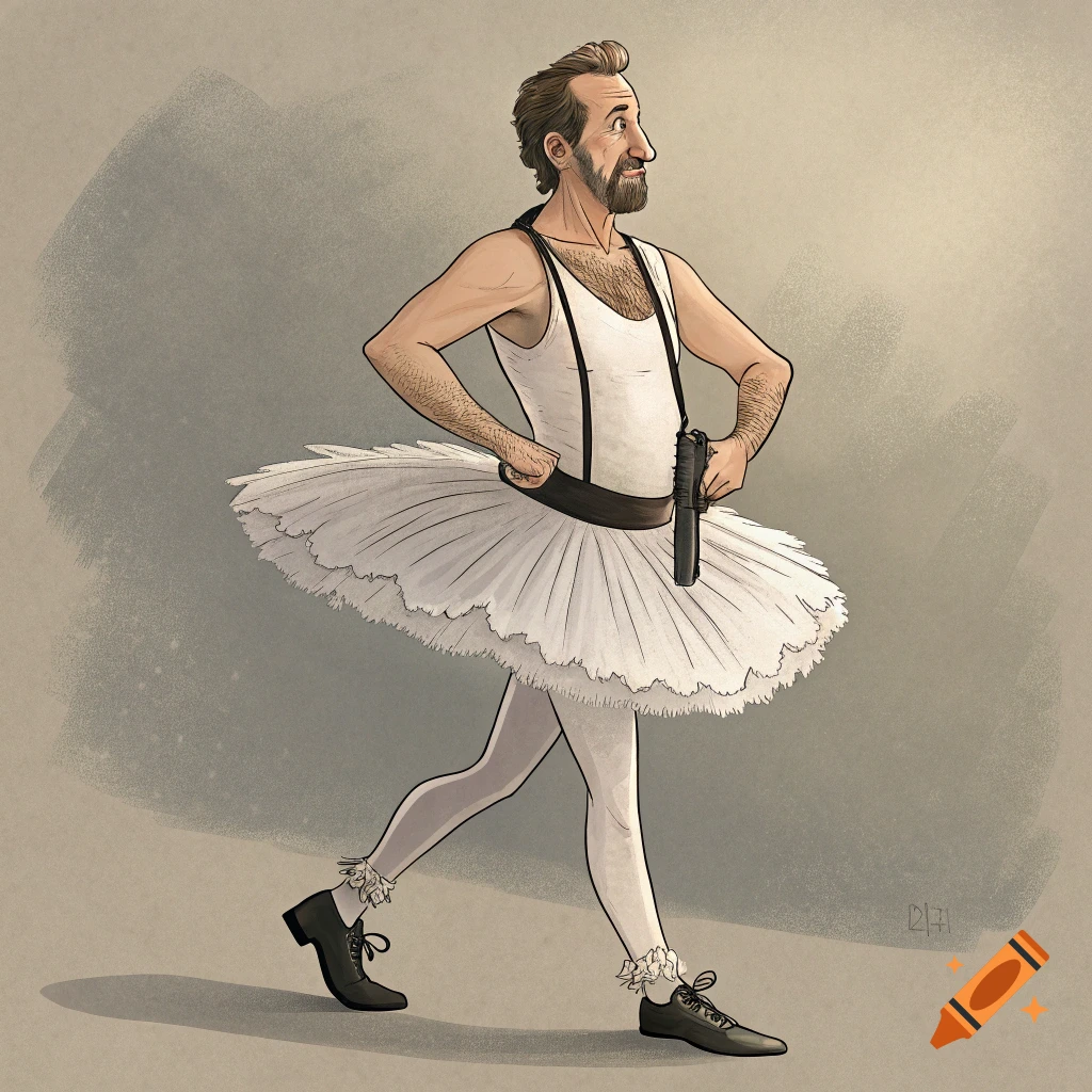 Illustration of a bearded man in a white tutu, tank top, and tights, holding a pistol.