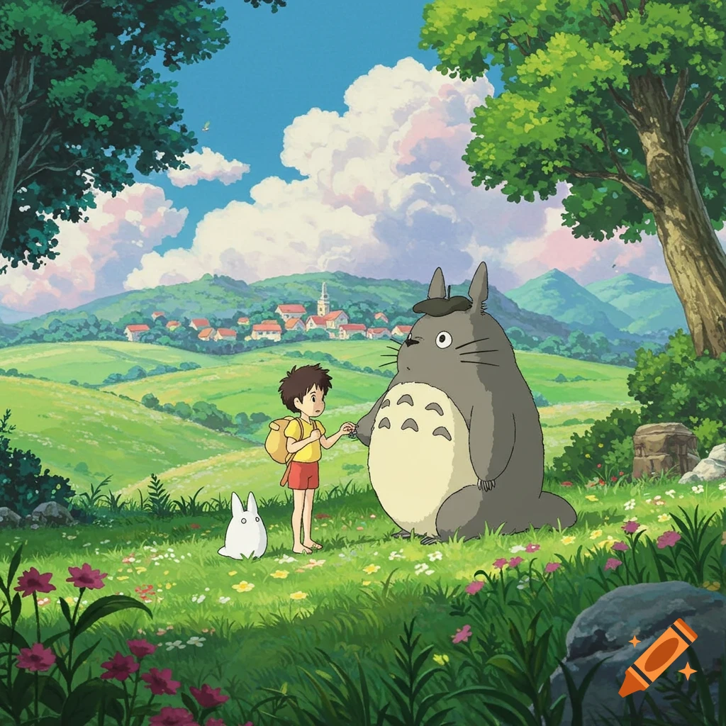 A boy holds hands with a large, furry creature resembling Totoro in a sunny, flowery meadow with a village in the background.