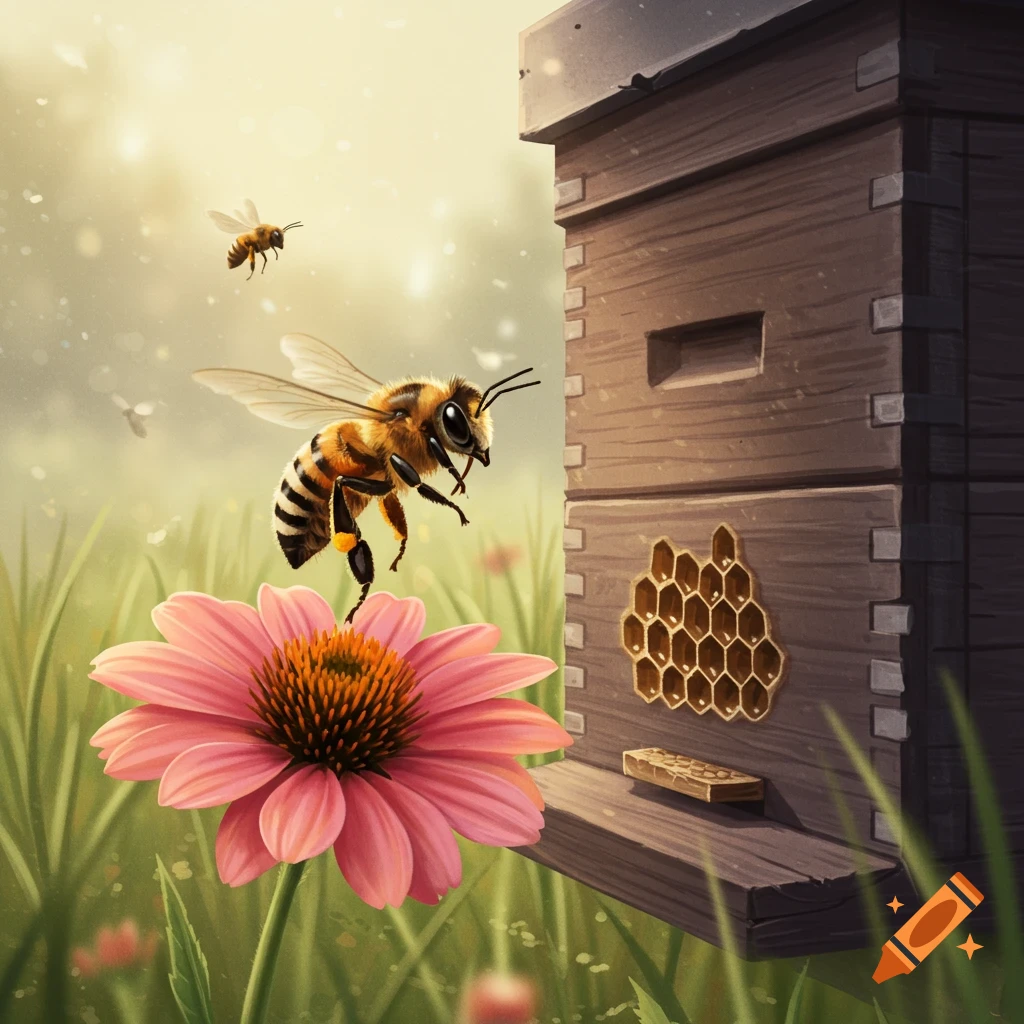 A bee flies towards a pink flower next to a wooden beehive in a grassy field.