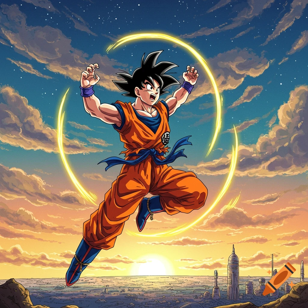 Goku jumps with a yellow energy aura around him against a sunset sky and futuristic city. Anime style.