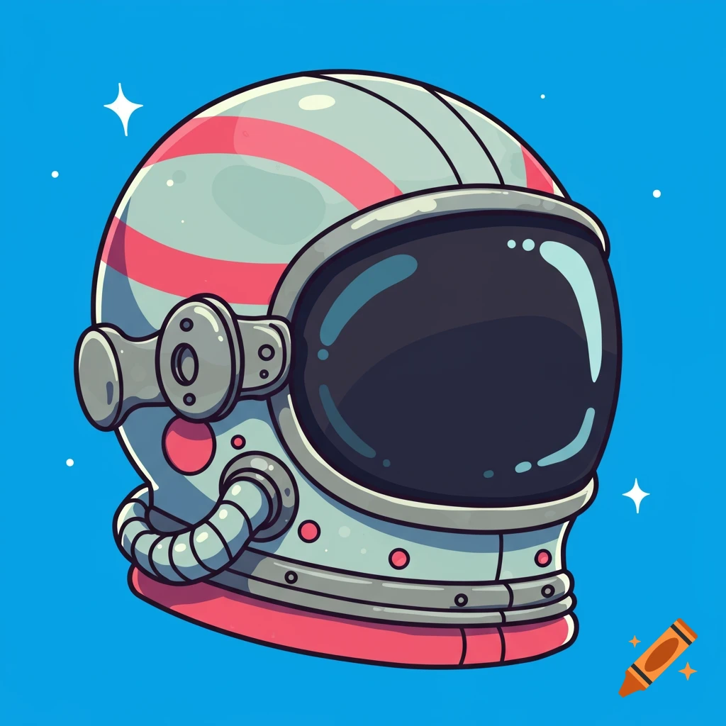 Cartoon astronaut helmet with pink stripes against a blue background.