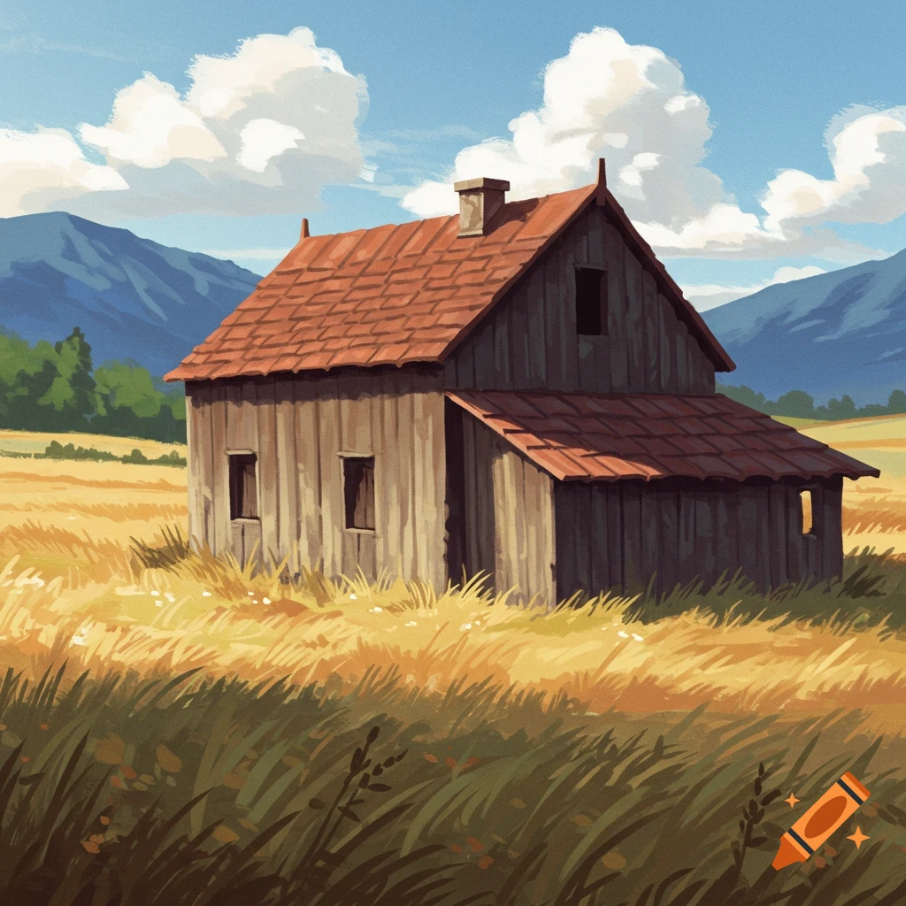 A rustic wooden barn stands in a golden field under a cloudy sky, with mountains in the distance. Painterly style.
