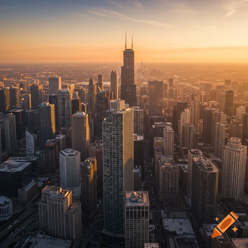Photorealistic image of the Chicago skyline at sunset