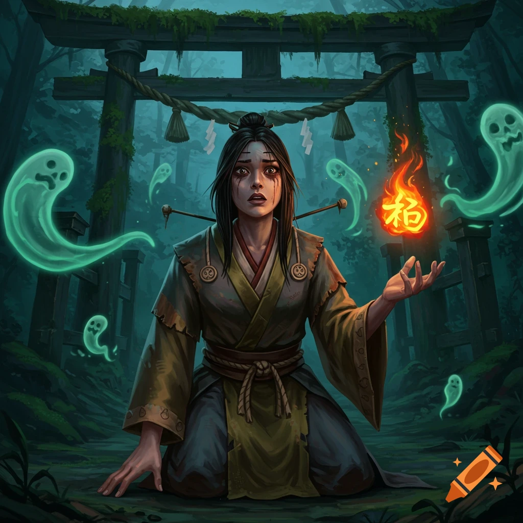 Illustration of a kneeling folklorist with a burning kanji and spirits in a forest.