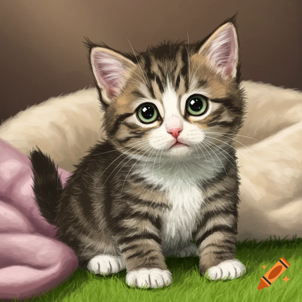 A digital illustration of a cute tabby kitten with big green eyes sitting on grass.