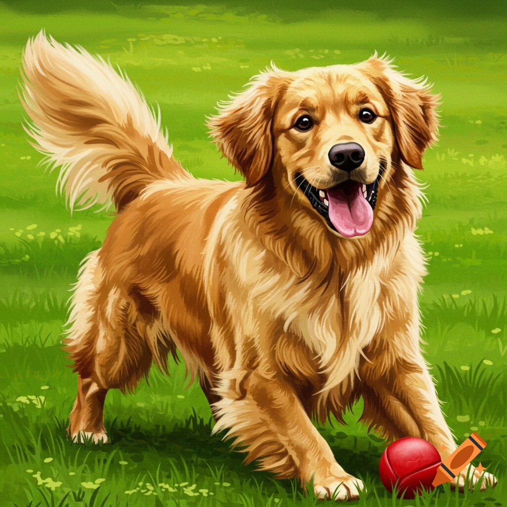 A Golden Retriever plays with a red ball in a green field, illustration.