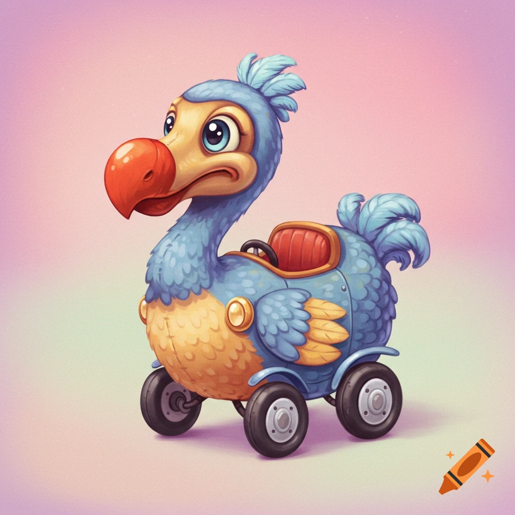 A cartoon blue and orange dodo bird sits in a small blue vehicle with wheels.