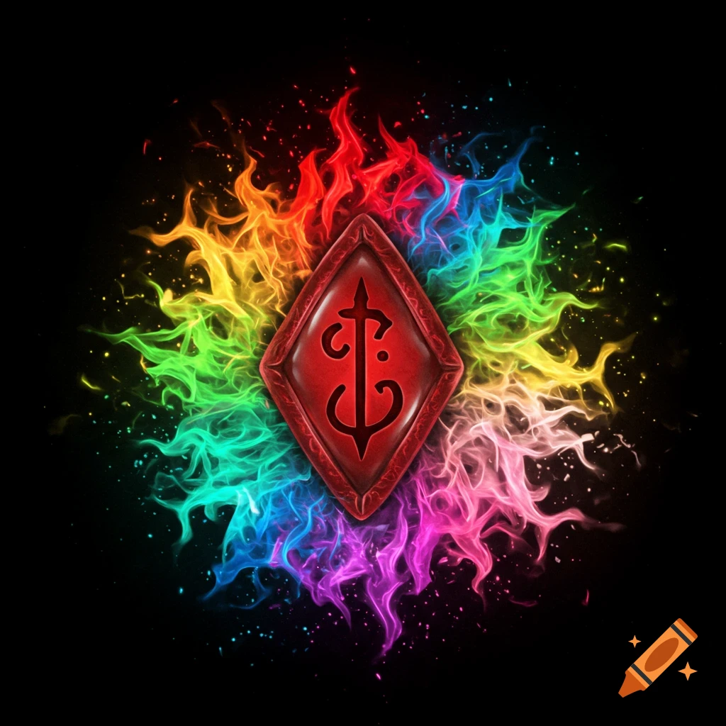 Red amulet with a symbol surrounded by vibrant rainbow flames on a black background.