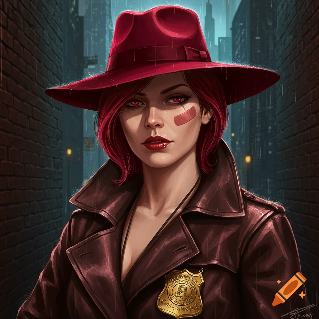 A female detective in a red hat and trench coat stands in a rainy city alley.
