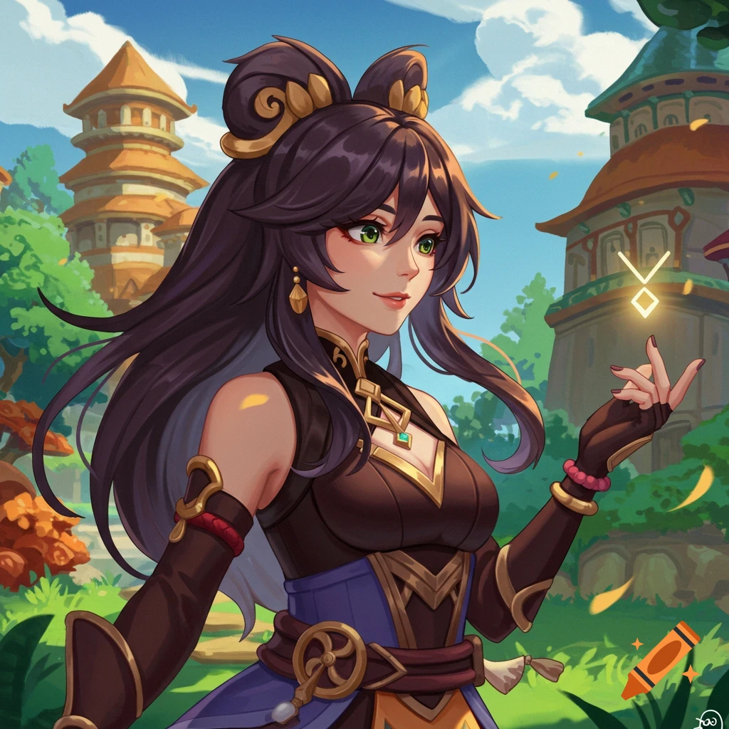 Illustration of an anime character manipulating glowing energy in a fantasy landscape.