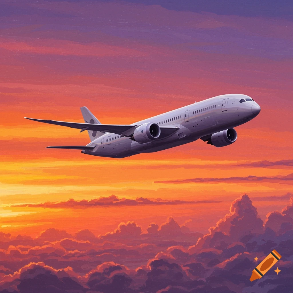 A white airplane flies through a vibrant orange and purple sky filled with clouds in a painted style.